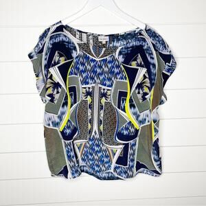 The Odells Geometric Printed Silk Split Back Blouse Blue Yellow Size Small